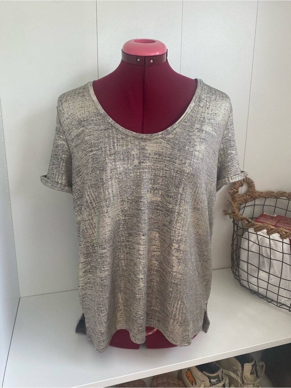 Anthropologie Gold Metallic Knit Tee | Shimmer Short Sleeve Top